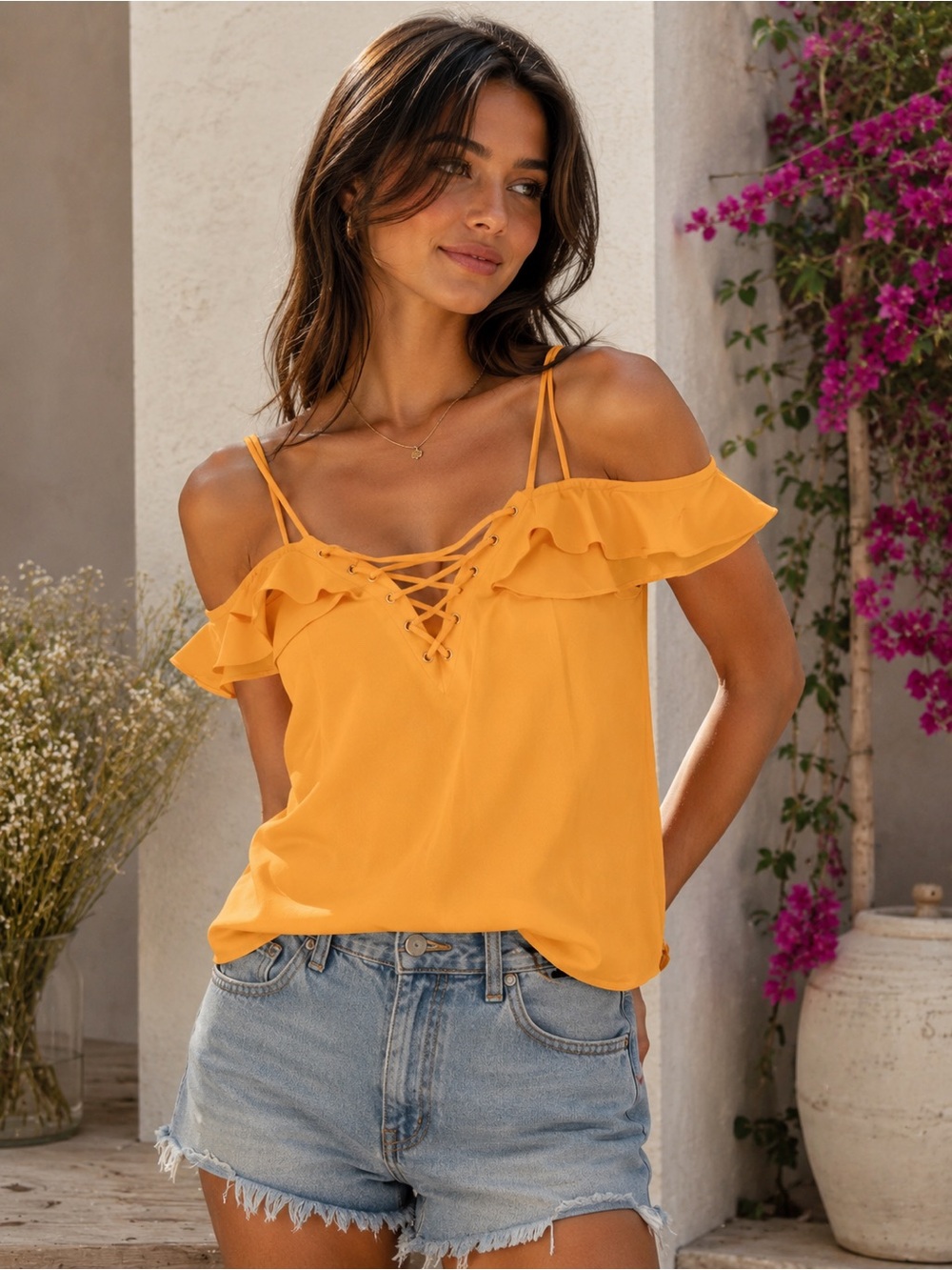 Express Yellow Ruffle Lace-Up Off-Shoulder Cami